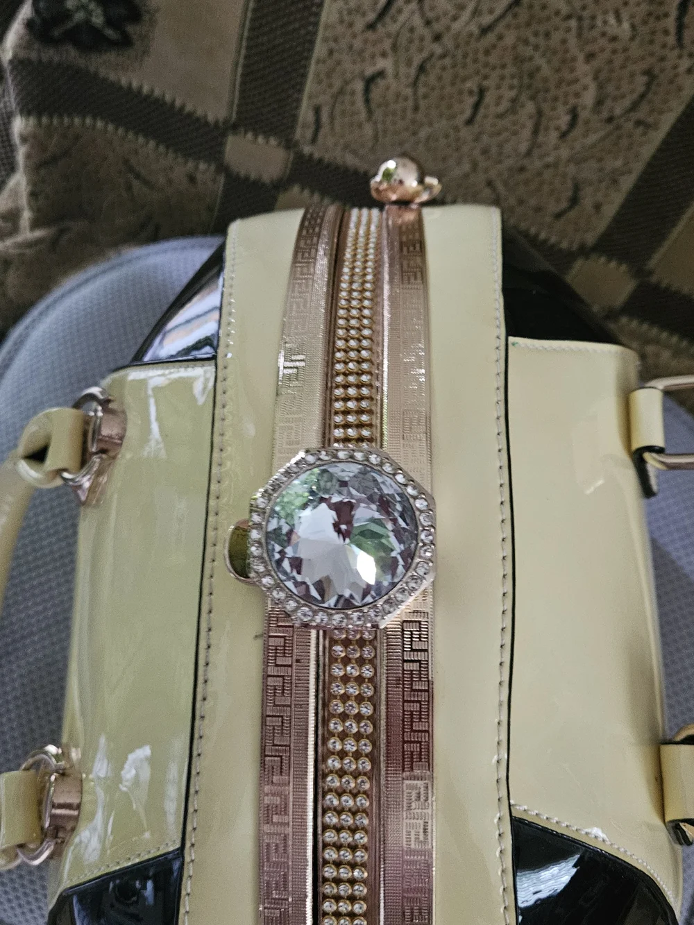 Elegant Patent Handbag With Crystal Clasp